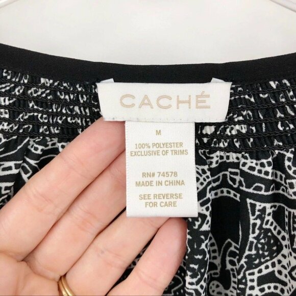 Cache Women’s Blouson Dress  Size M Paisley Print Black & White Button Up V Neck - Picture 7 of 10